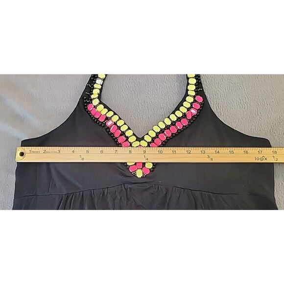 Nicole Miller Black Maxi Halter Dress XL – Colorful Beaded Collar Statement - Picture 5 of 8